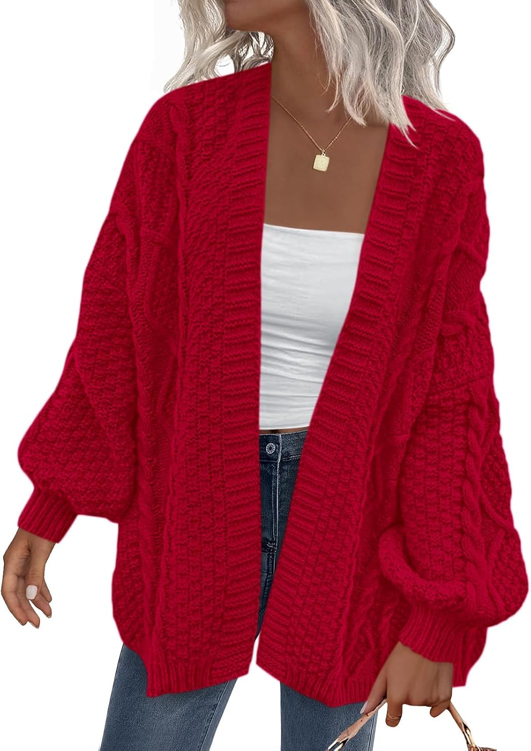 Zinnia Women's Cable Knit Cardigan – Balloon Sleeves, Dropped-Shoulder Design & Loose Silhouette