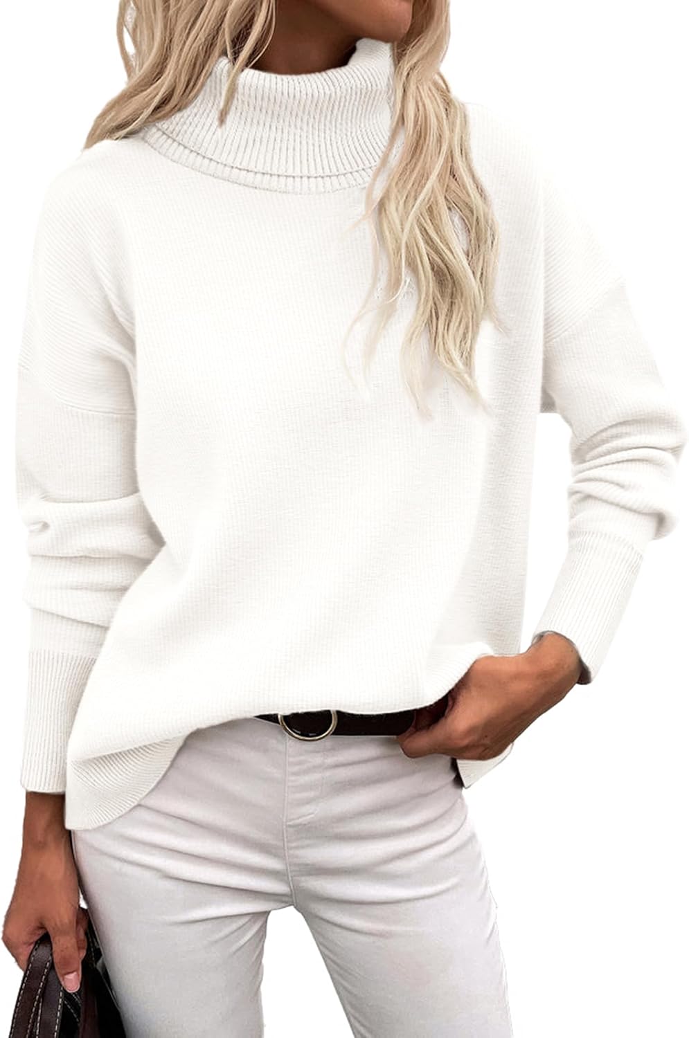 Indira Women's Turtleneck Sweater – Asymmetric Hem, Dropped-Shoulder Design & Loose Silhouette