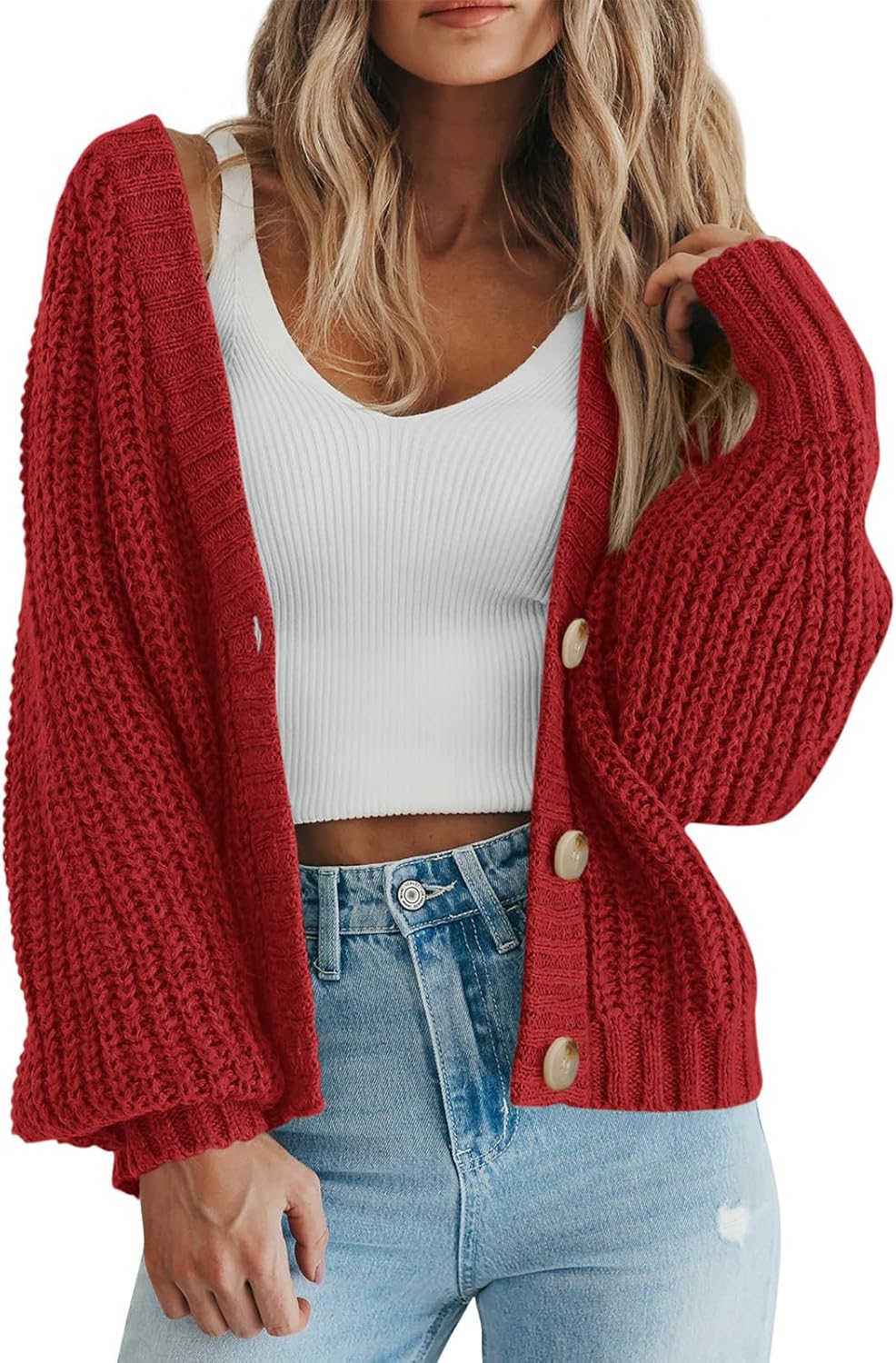 Tate Women's Oversized Knit Cardigan – Deep V-Neckline, Button-Up Front & Chunky Knit