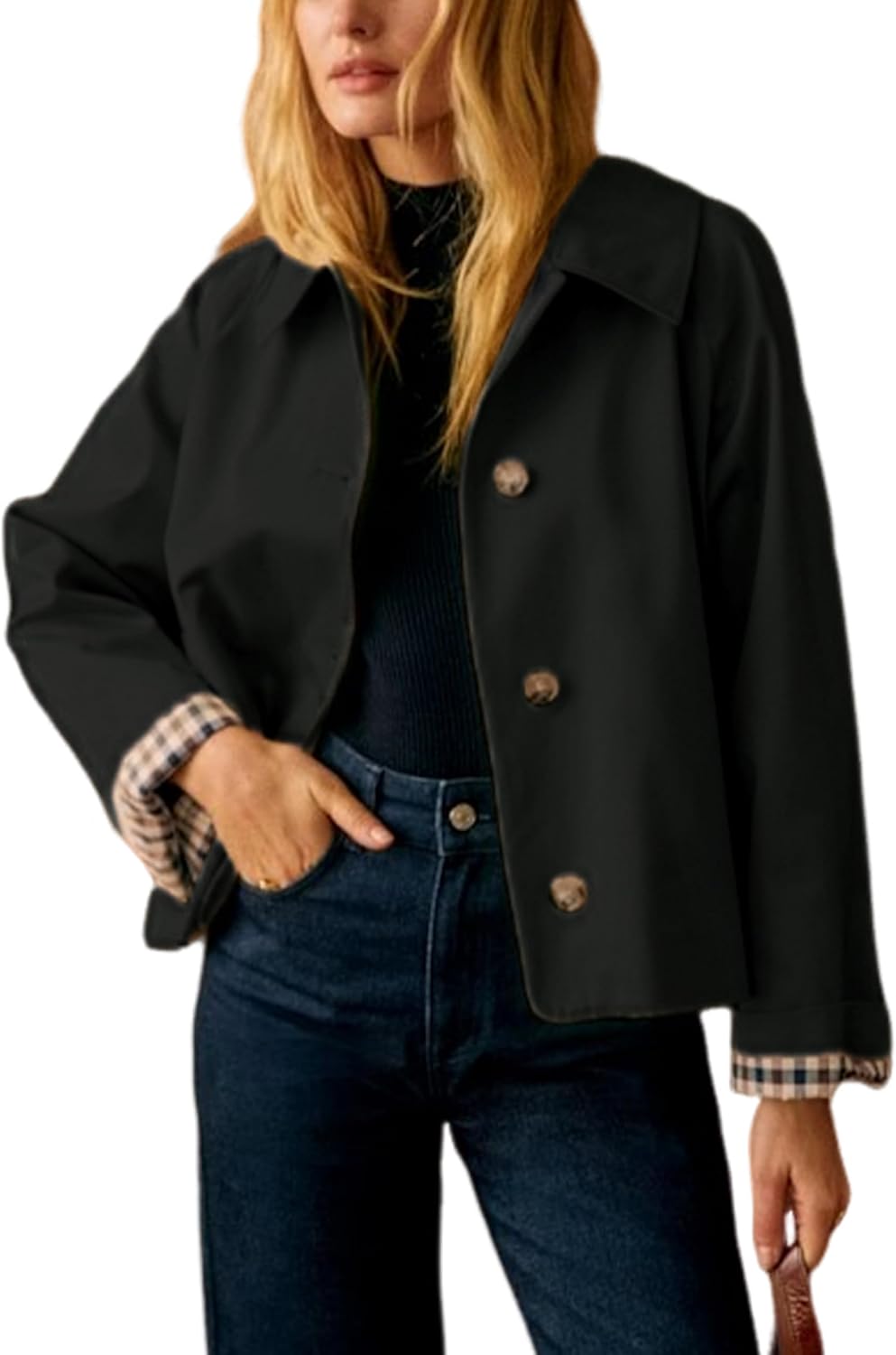 Nerys Women's Cropped Trench Jacket – Roomy Fit, Notched Lapel & Plaid Lining