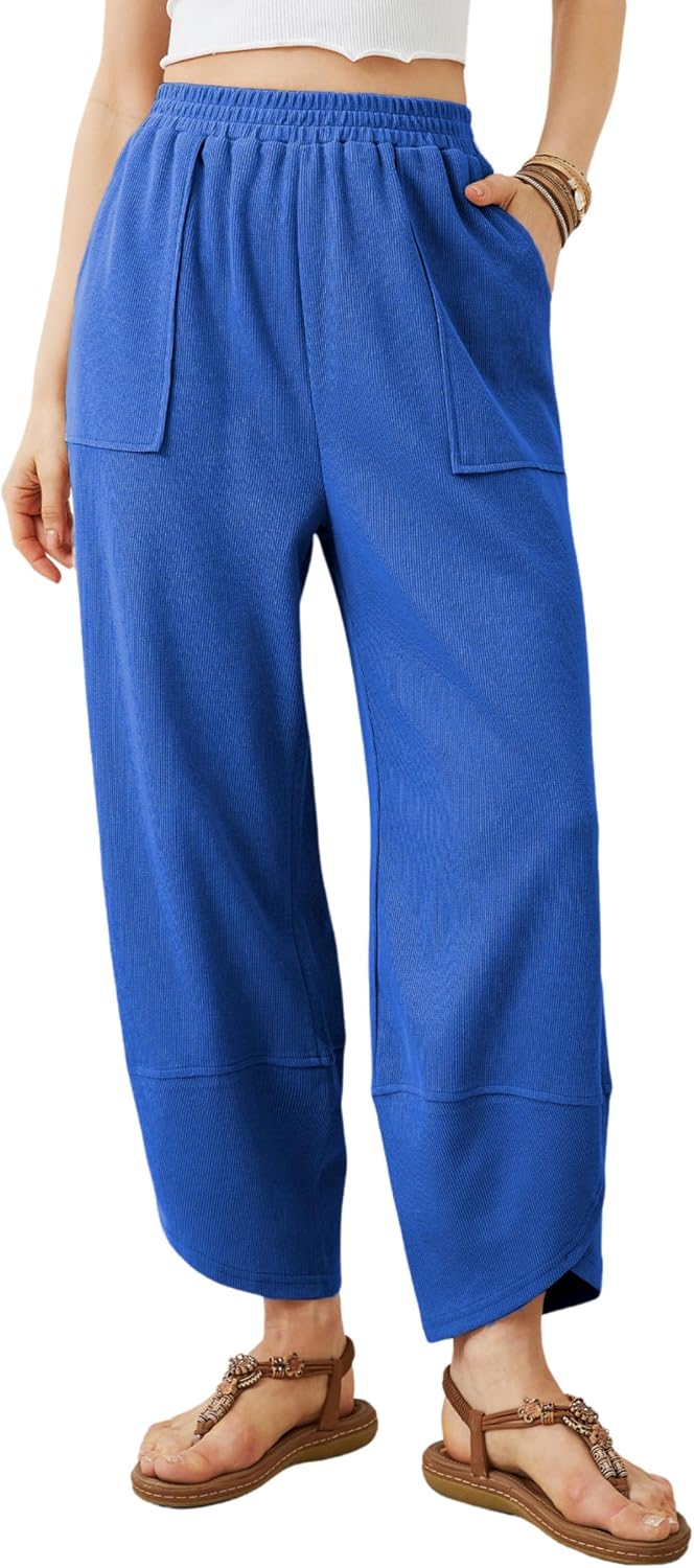 Faye Women's Wide-Leg Palazzo Trousers – Smocked Waist, Curved Hem & Side Slip Pockets