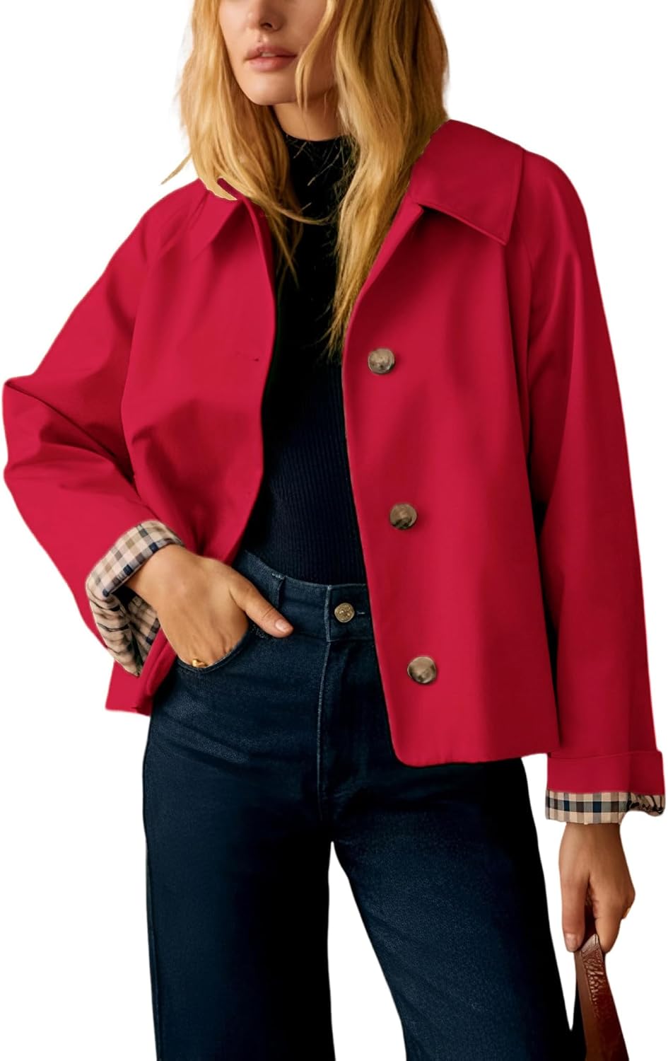 Nerys Women's Cropped Trench Jacket – Roomy Fit, Notched Lapel & Plaid Lining
