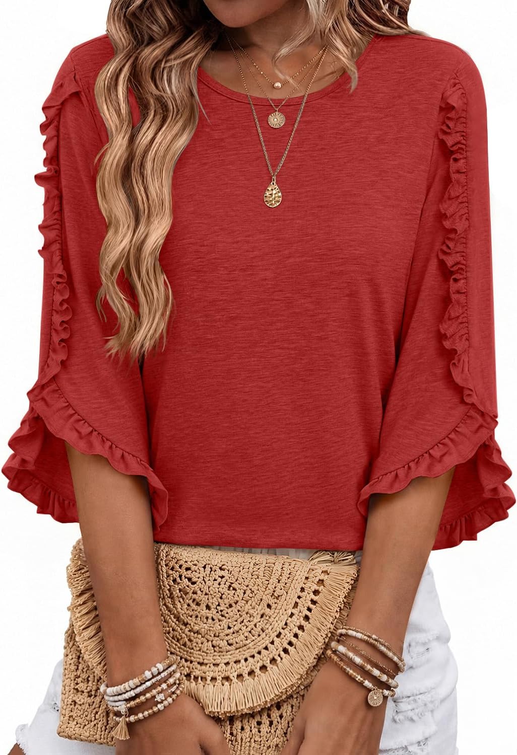 Garrick Women's Ruffle Trim Top – Round Neckline, 3/4 Sleeves & Easy Fit