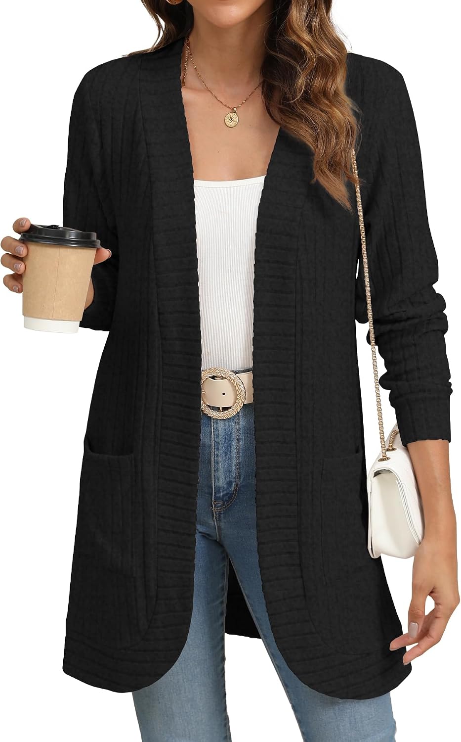 Elspeth Women's Ribbed Open-Front Cardigan – Full-Length Sleeves, Relaxed Silhouette & Side Slip Pockets