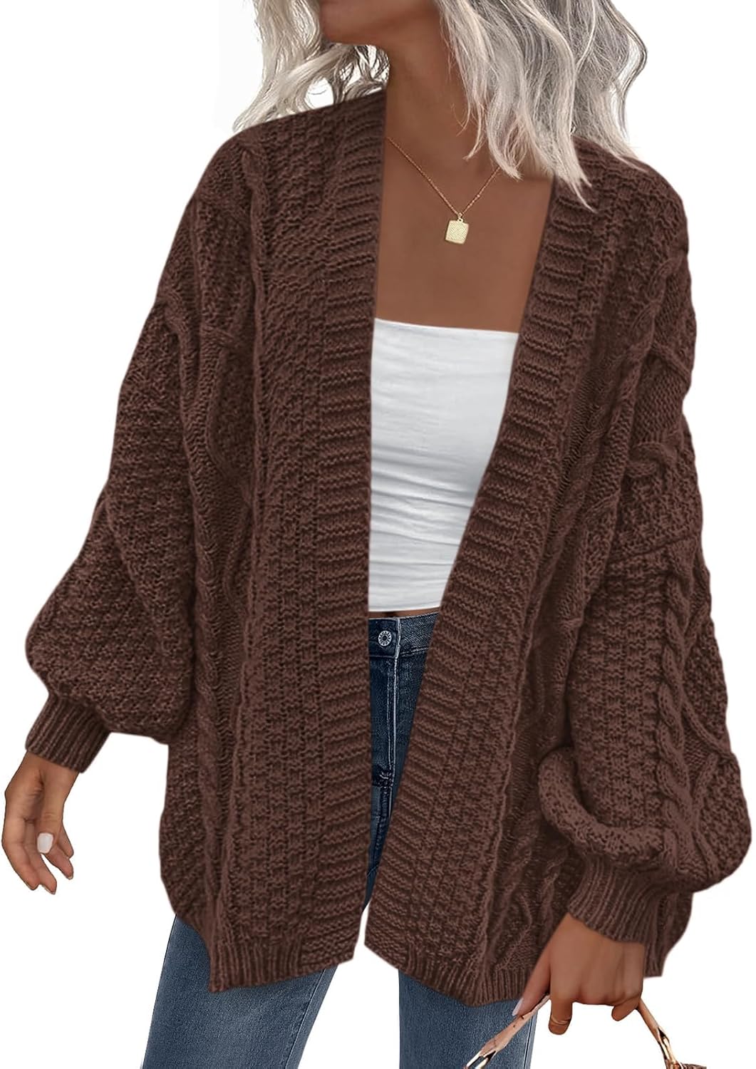 Zinnia Women's Cable Knit Cardigan – Balloon Sleeves, Dropped-Shoulder Design & Loose Silhouette