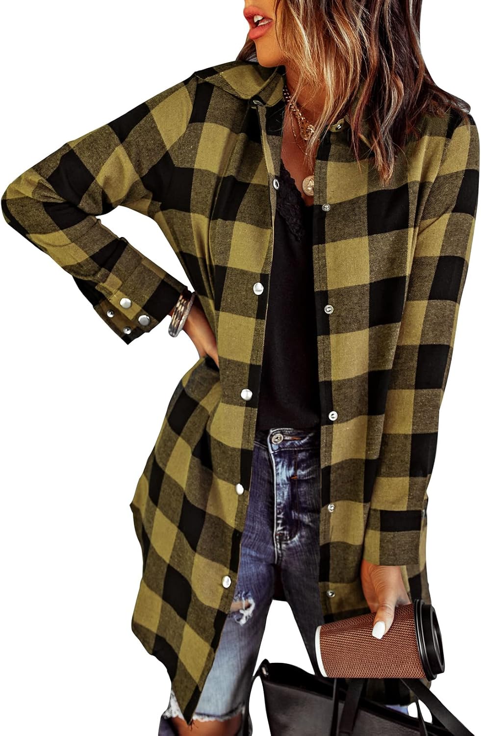 Griselda Women's Plaid Shacket – Button-Up Front, Boyfriend Fit & Handy Pockets