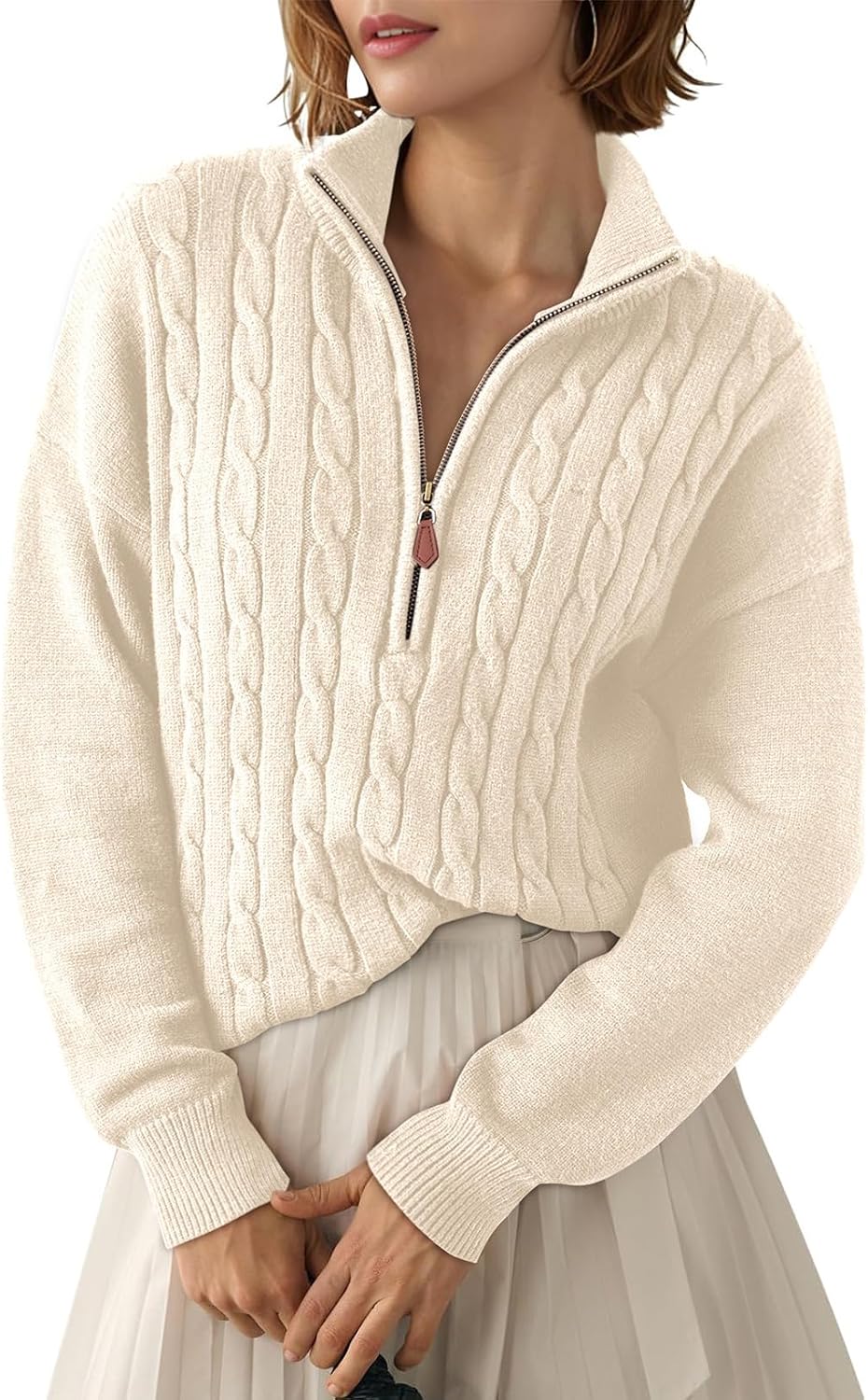 Philippa Women's Ribbed Quarter-Zip Sweater – V-Neckline, Dropped-Shoulder Design & Easy Fit