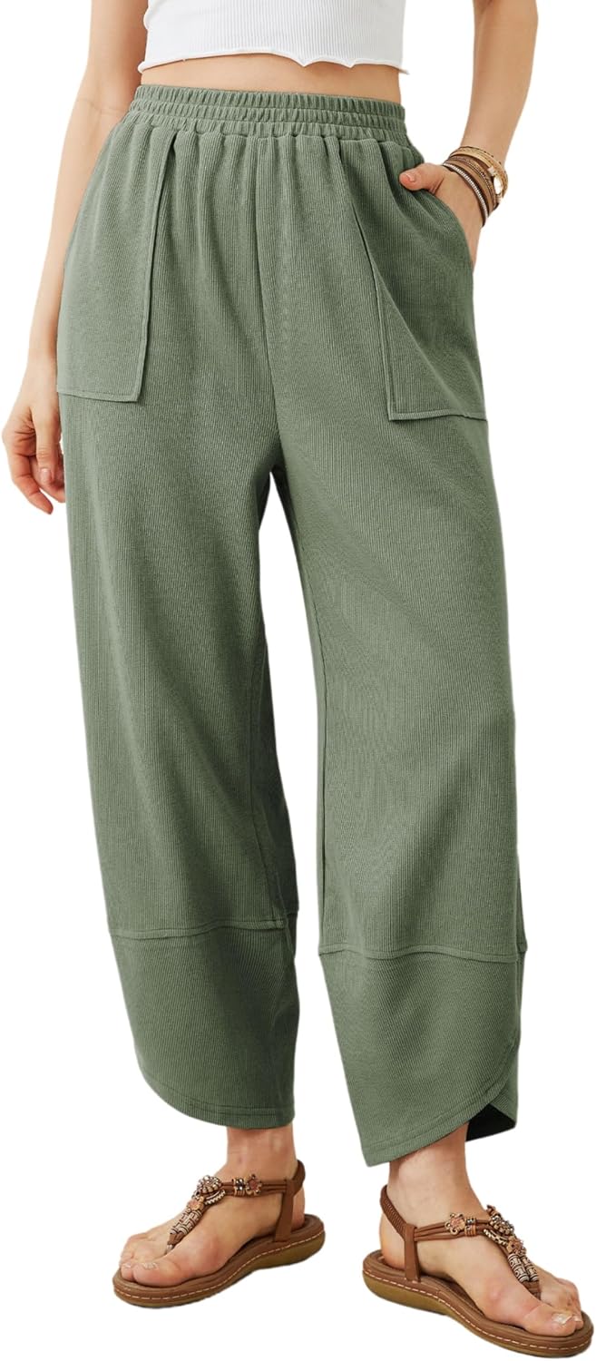 Faye Women's Wide-Leg Palazzo Trousers – Smocked Waist, Curved Hem & Side Slip Pockets