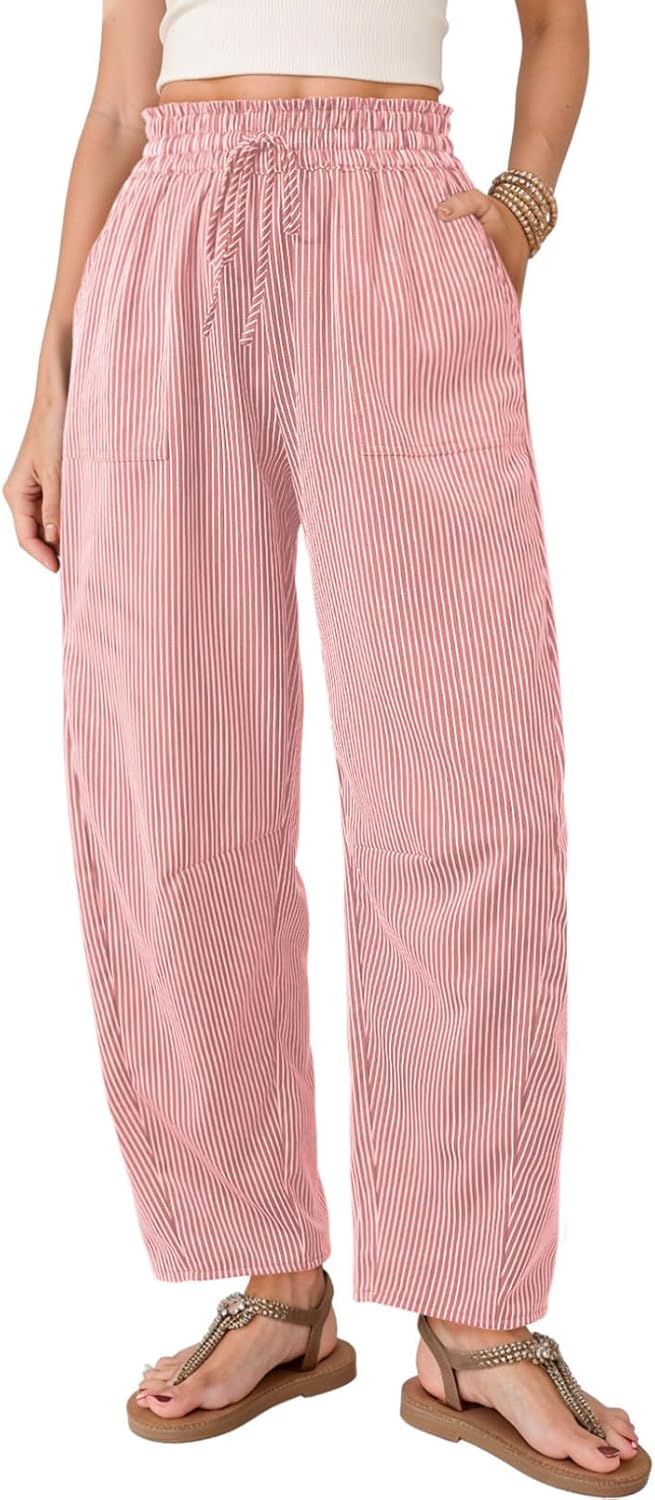 Ulmer Women's Striped Barrel-Leg Trousers – Paper-Bag Waist, Drawstring & Handy Pockets