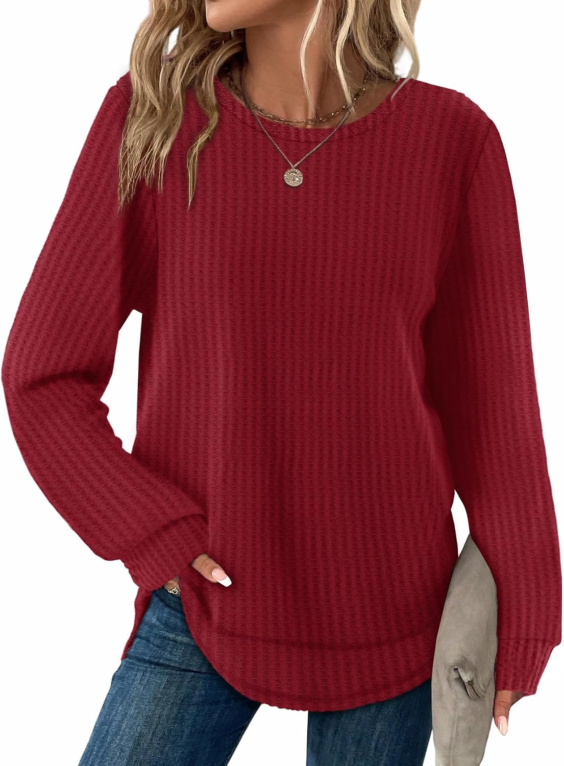 Ottoline Women's Waffle Knit Tunic Top – Crewneck, Full-Length Sleeves & Curved Hem