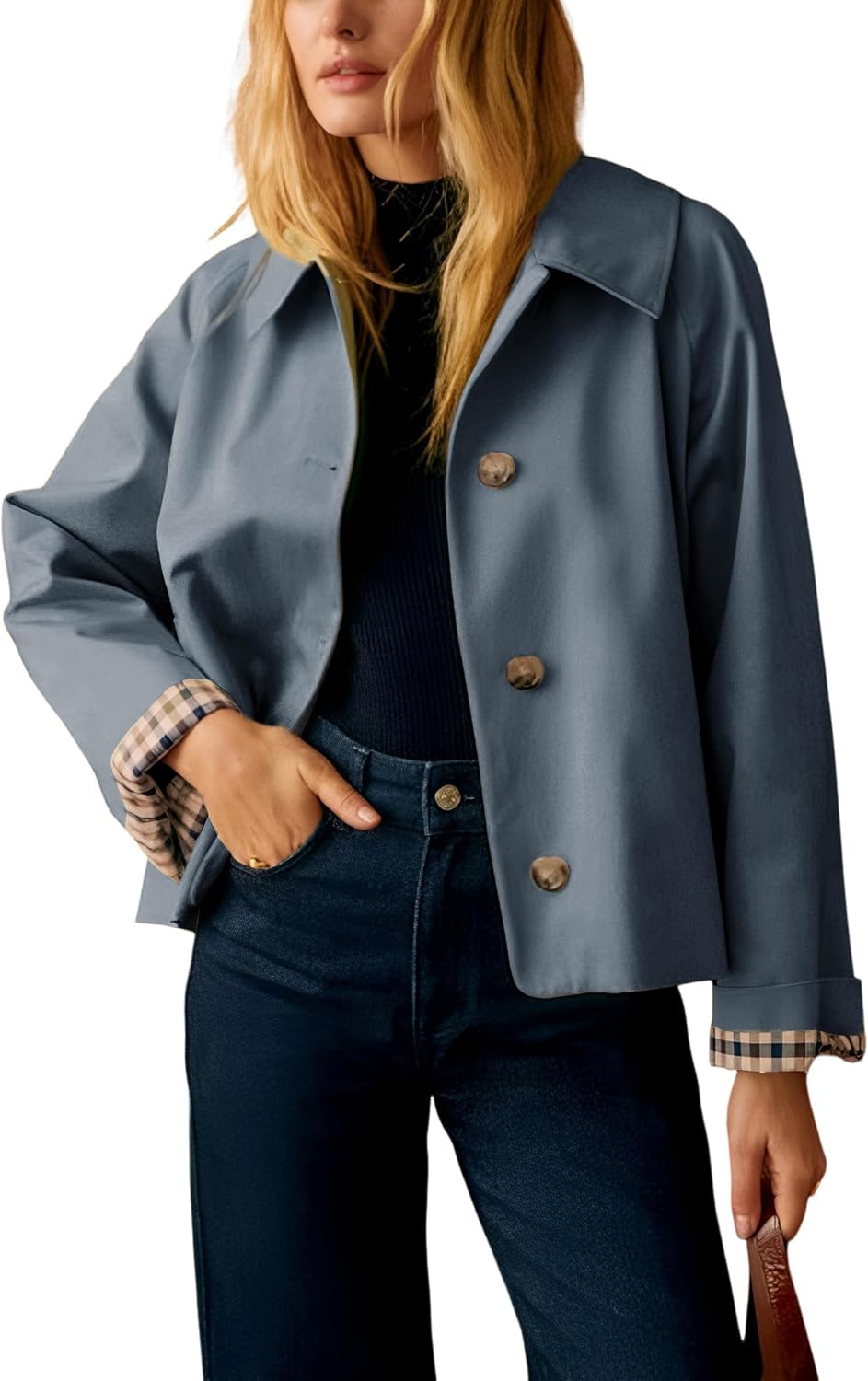 Nerys Women's Cropped Trench Jacket – Roomy Fit, Notched Lapel & Plaid Lining