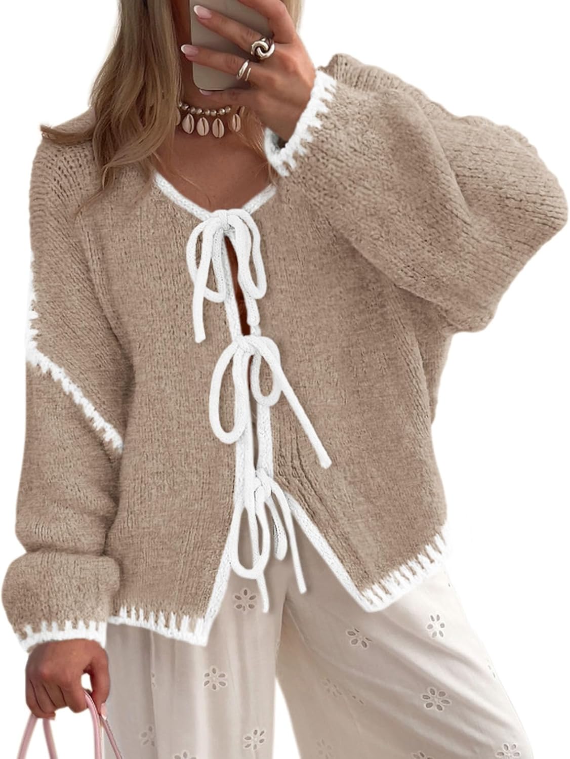 Juniper Women's Cable Knit Cardigan – Tie Front, Puff Sleeves & Loose Silhouette