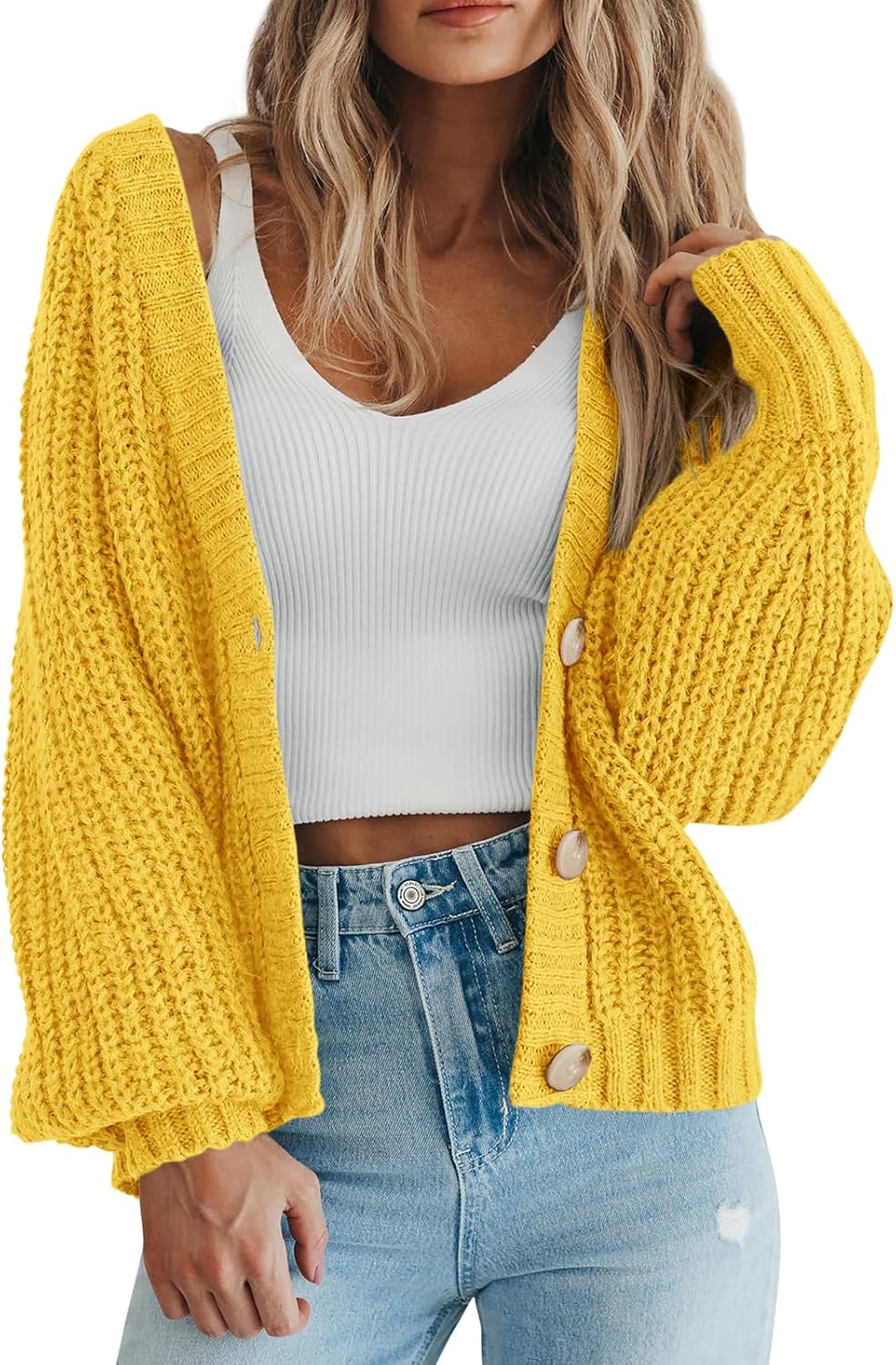 Tate Women's Oversized Knit Cardigan – Deep V-Neckline, Button-Up Front & Chunky Knit