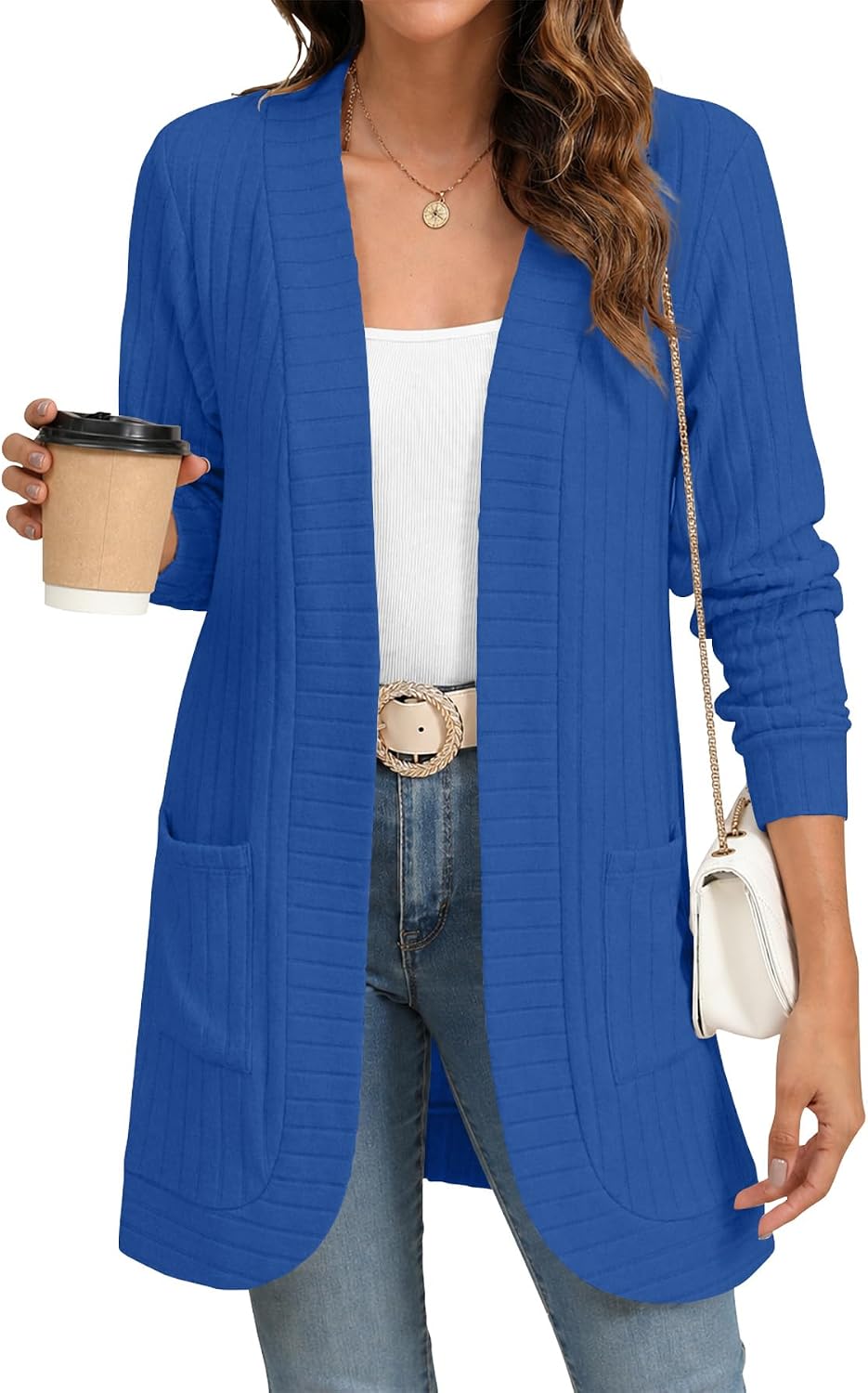 Elspeth Women's Ribbed Open-Front Cardigan – Full-Length Sleeves, Relaxed Silhouette & Side Slip Pockets