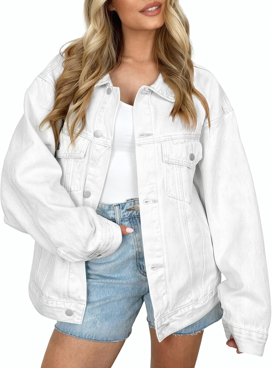 Oakley Women's Distressed Denim Jacket – Loose Silhouette, Front Chest Pockets & Dropped-Shoulder Design