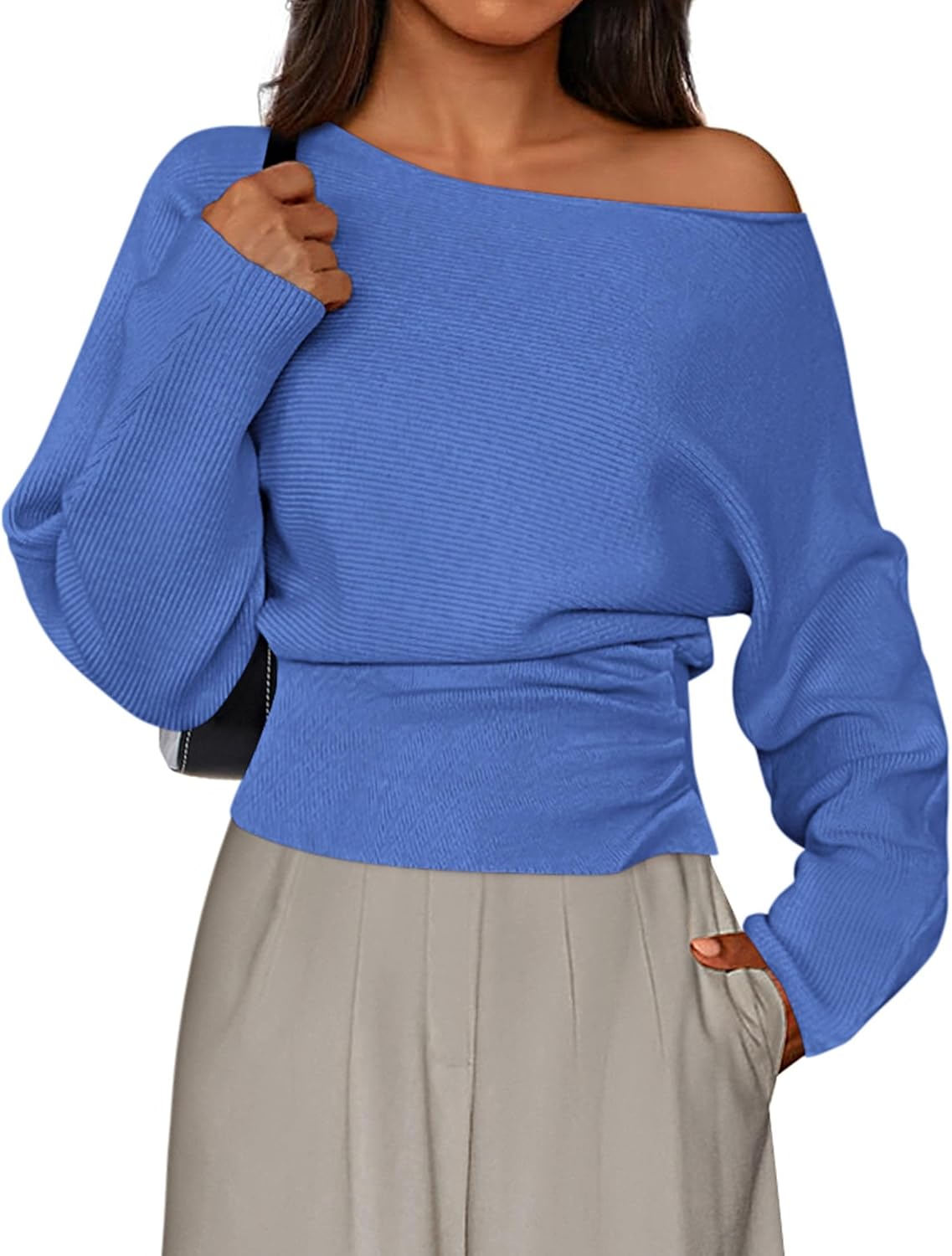 Delaney Women's Off-Shoulder Sweater – Ribbed Knit Fabric, Full-Length Sleeves & Fitted Waist