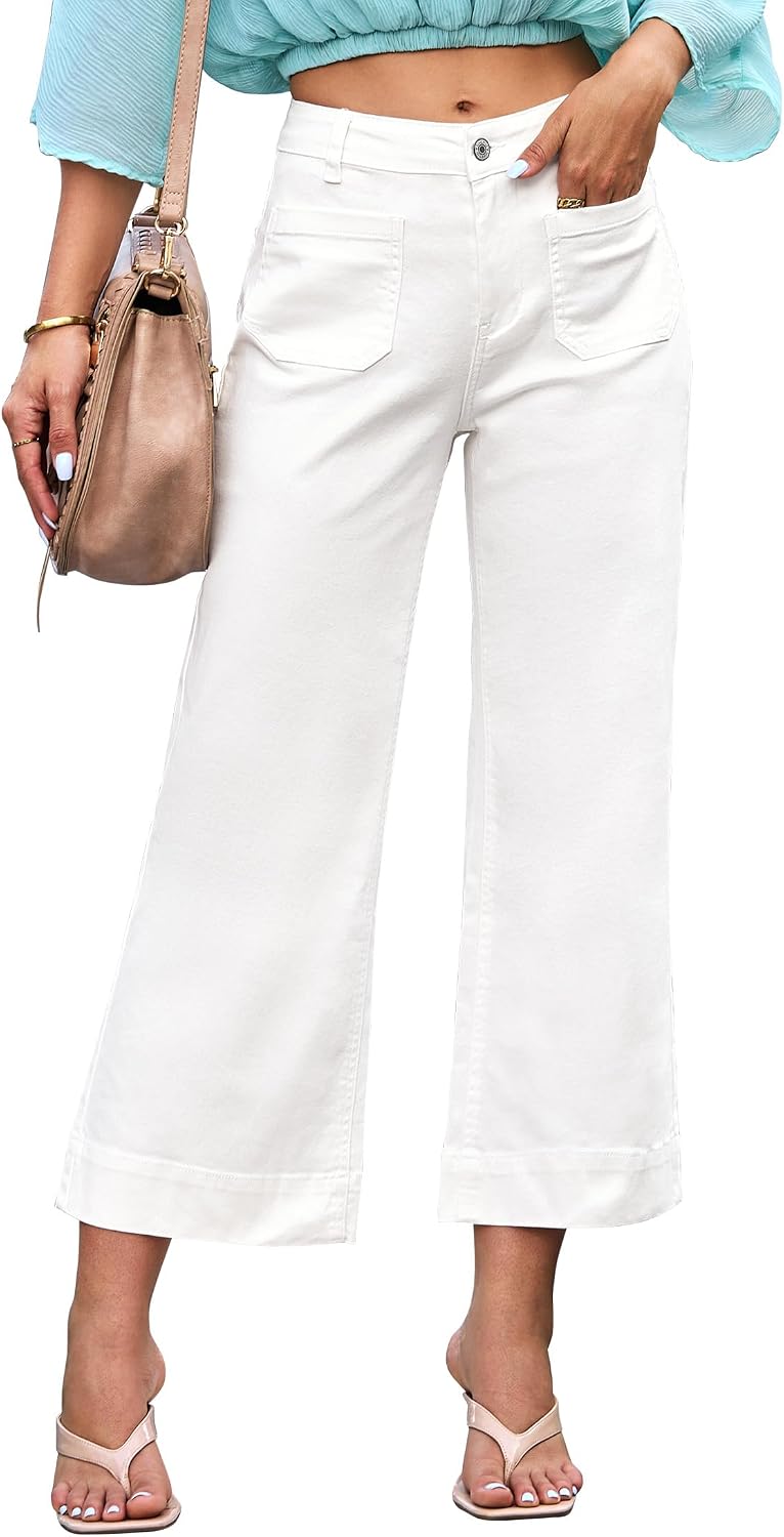 Fenna Women's White Wide-Leg Jeans – High-Rise Waist, Stretch Denim & Patch Handy Pockets