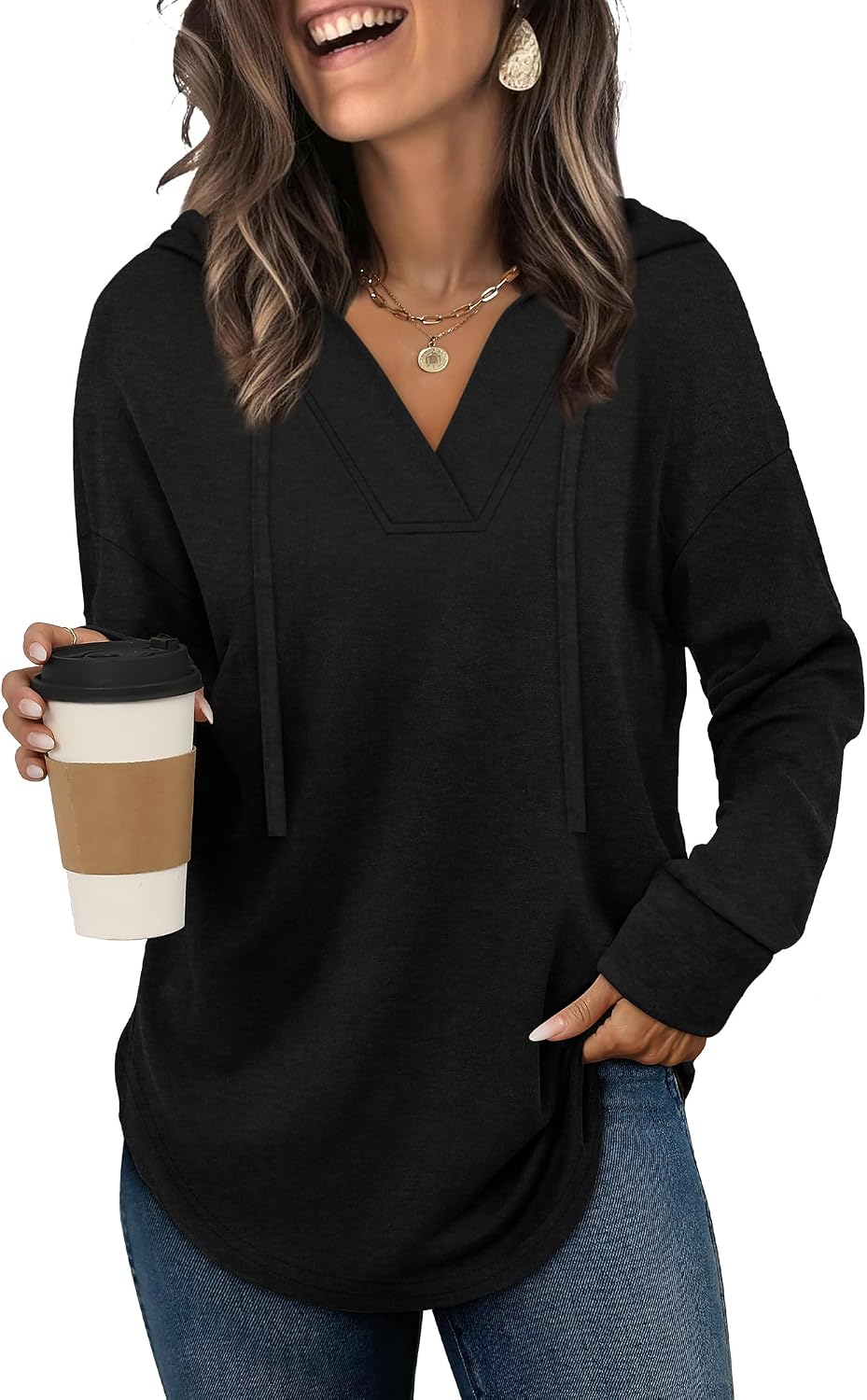 Elowen Women's V-Neckline Hoodie – Asymmetric Hem, Full-Length Sleeves & Easy Fit