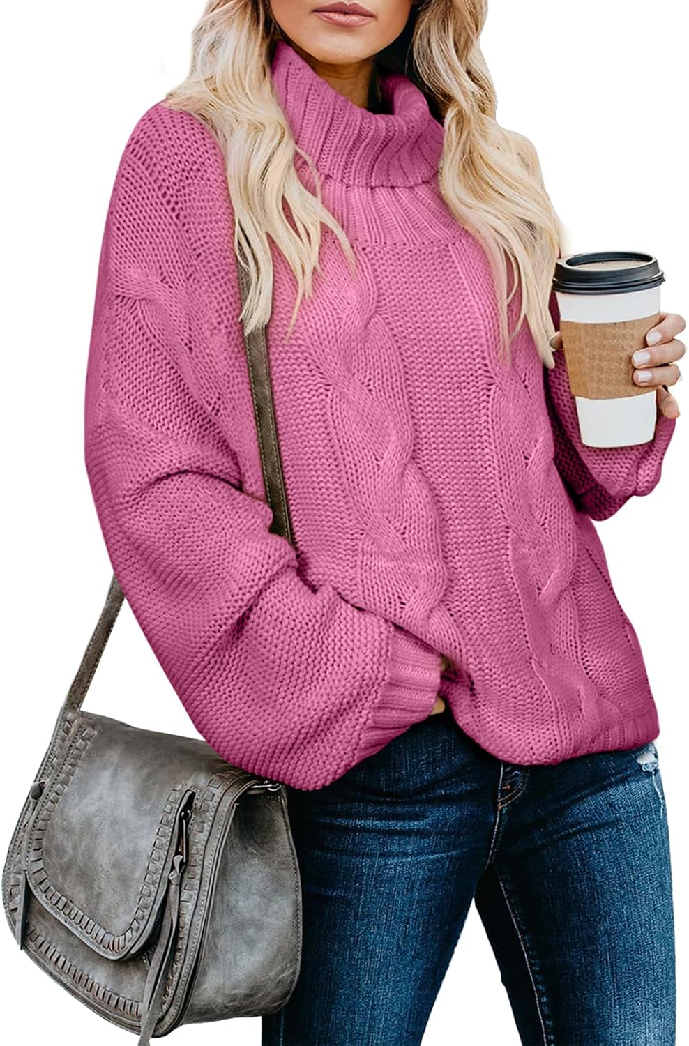 Genevra Women's Cable Knit Turtleneck Sweater – Dolman Sleeves, Cropped Fit & Ribbed Hem