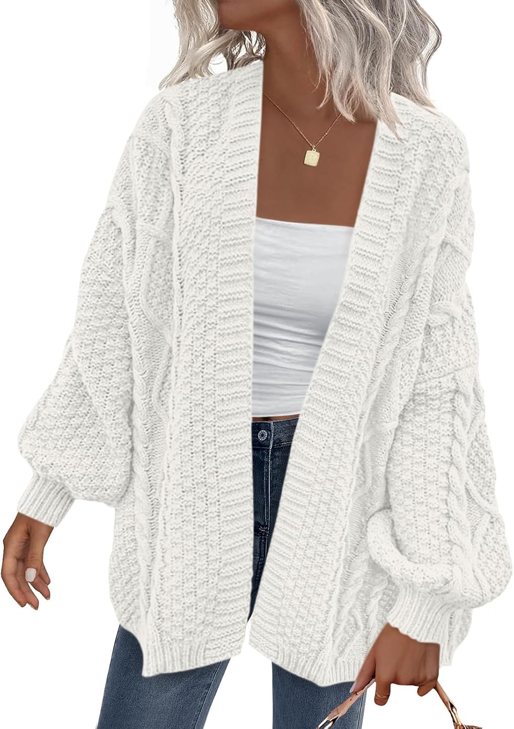 Zinnia Women's Cable Knit Cardigan – Balloon Sleeves, Dropped-Shoulder Design & Loose Silhouette