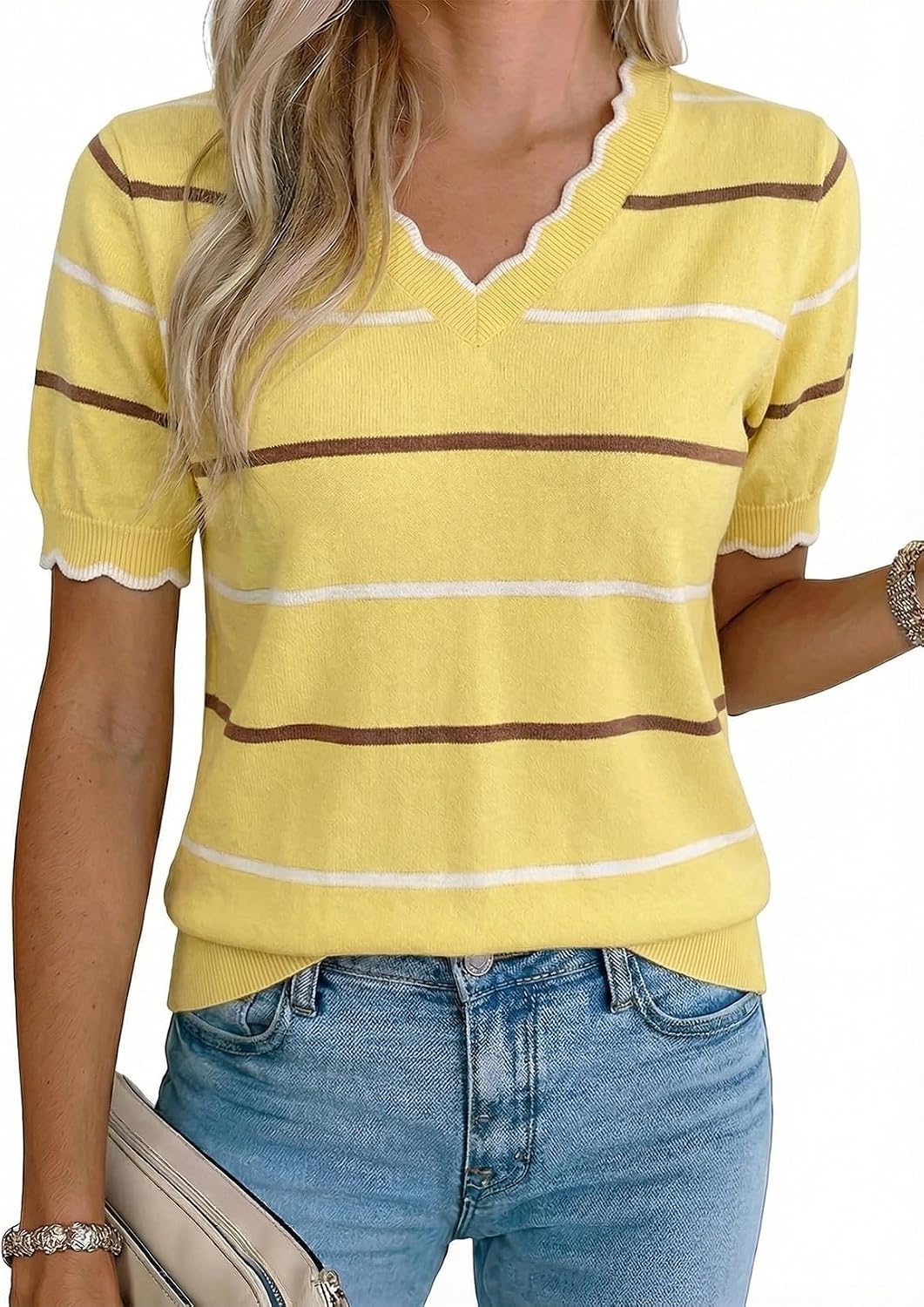 Yorick Women's Ruffle V-Neckline Knit Top – Short-Sleeve Design, Colour Block & Pullover