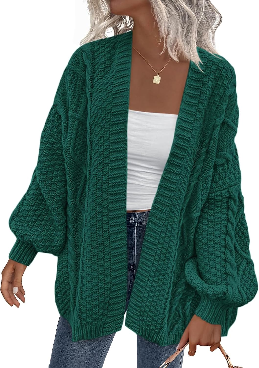 Zinnia Women's Cable Knit Cardigan – Balloon Sleeves, Dropped-Shoulder Design & Loose Silhouette