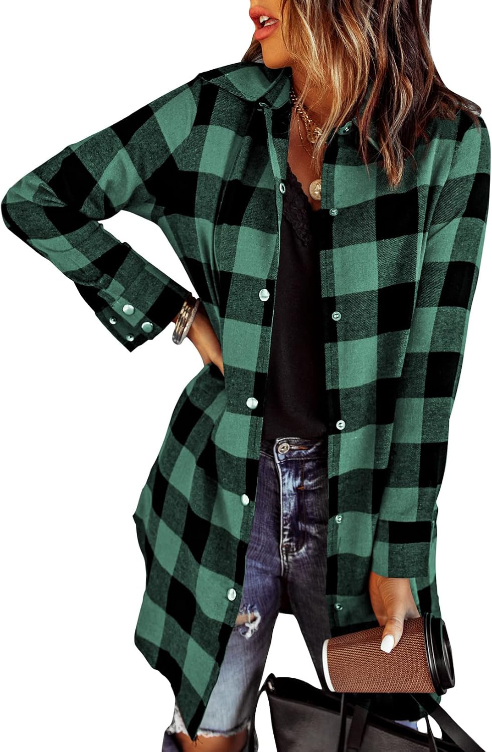 Griselda Women's Plaid Shacket – Button-Up Front, Boyfriend Fit & Handy Pockets