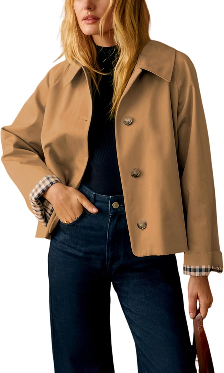 Nerys Women's Cropped Trench Jacket – Roomy Fit, Notched Lapel & Plaid Lining