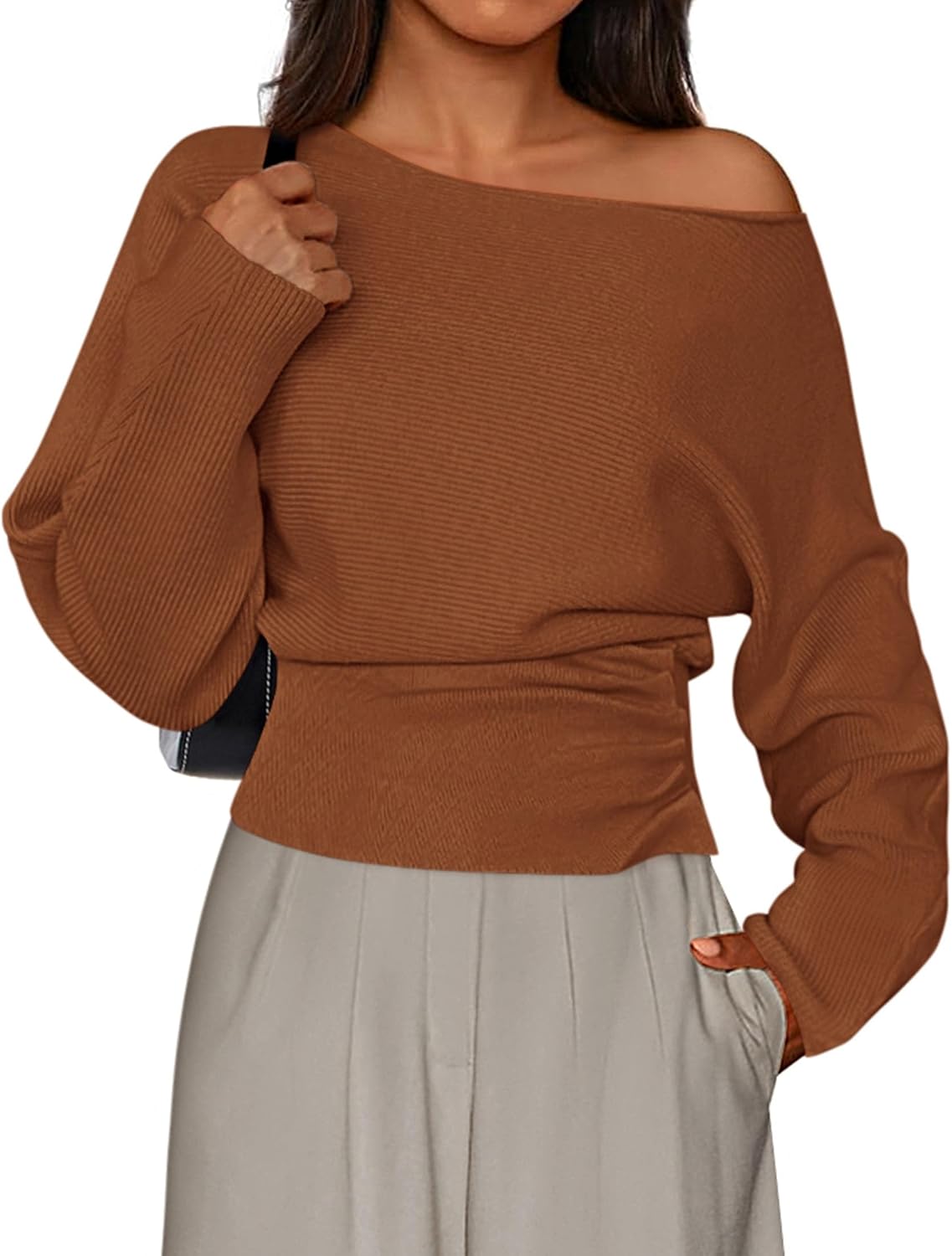 Delaney Women's Off-Shoulder Sweater – Ribbed Knit Fabric, Full-Length Sleeves & Fitted Waist