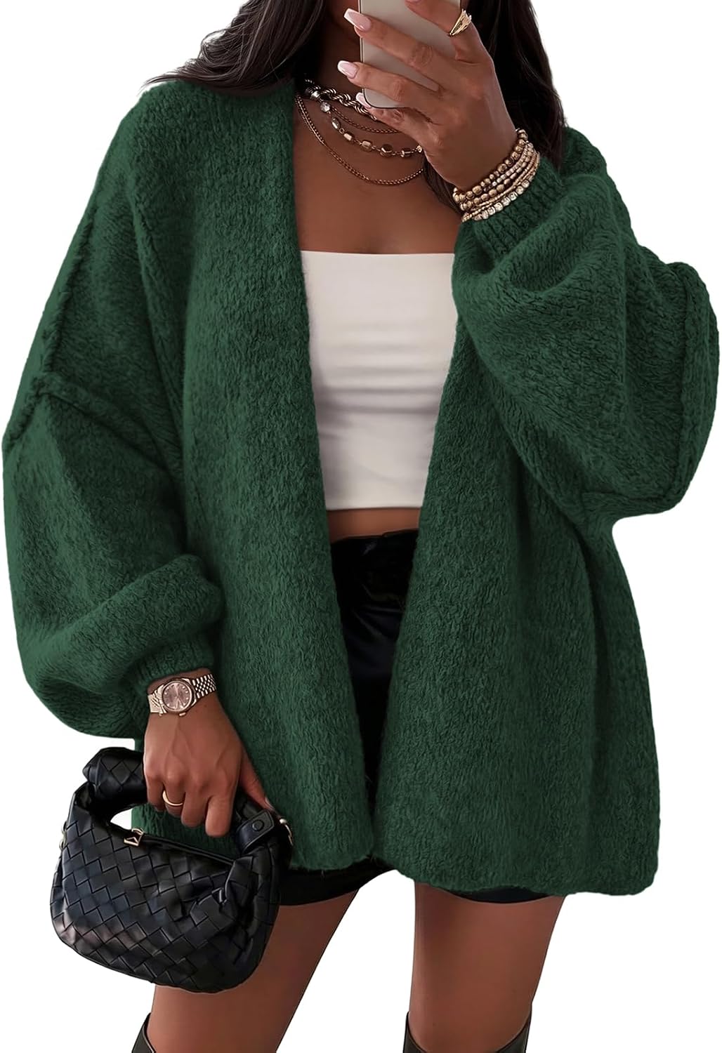 Thea Women's Oversized Cardigan – Balloon Sleeves, Dropped-Shoulder Design & Open-Front Design