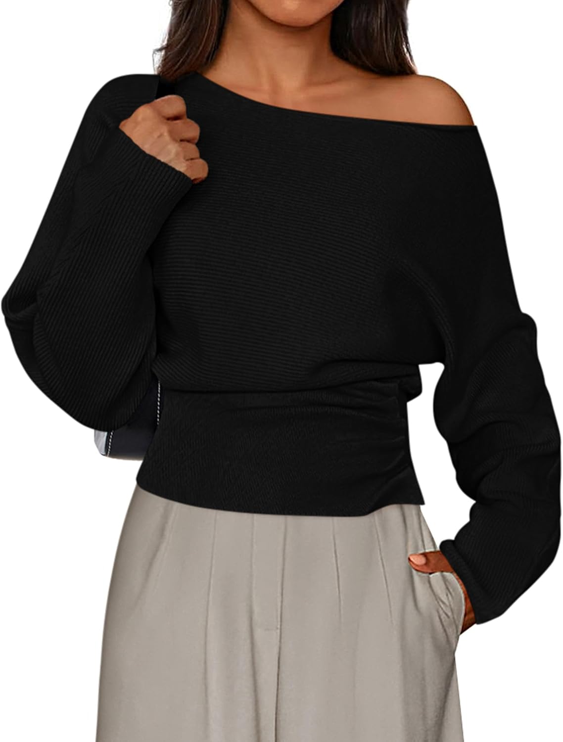 Delaney Women's Off-Shoulder Sweater – Ribbed Knit Fabric, Full-Length Sleeves & Fitted Waist