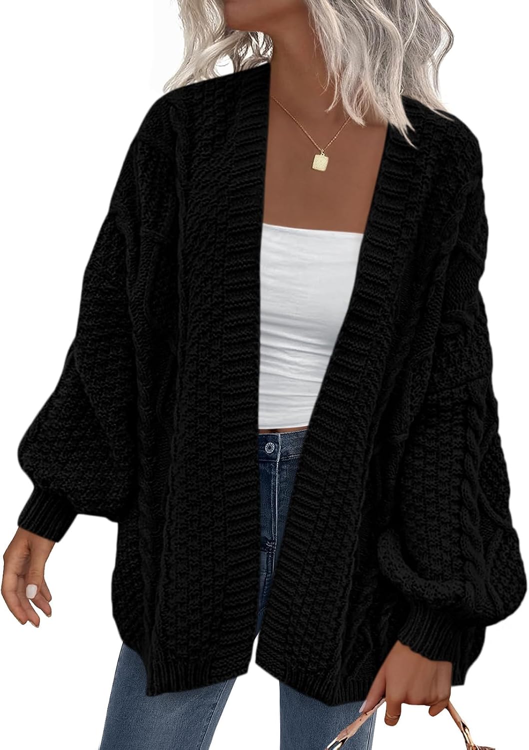 Zinnia Women's Cable Knit Cardigan – Balloon Sleeves, Dropped-Shoulder Design & Loose Silhouette