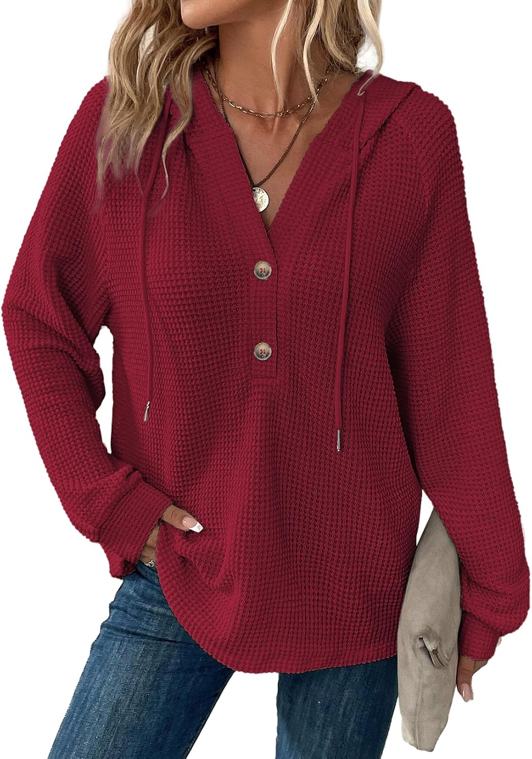 Valentina Women's Waffle Knit Hoodie – V-Neckline, Button-Up Front & Loose Silhouette