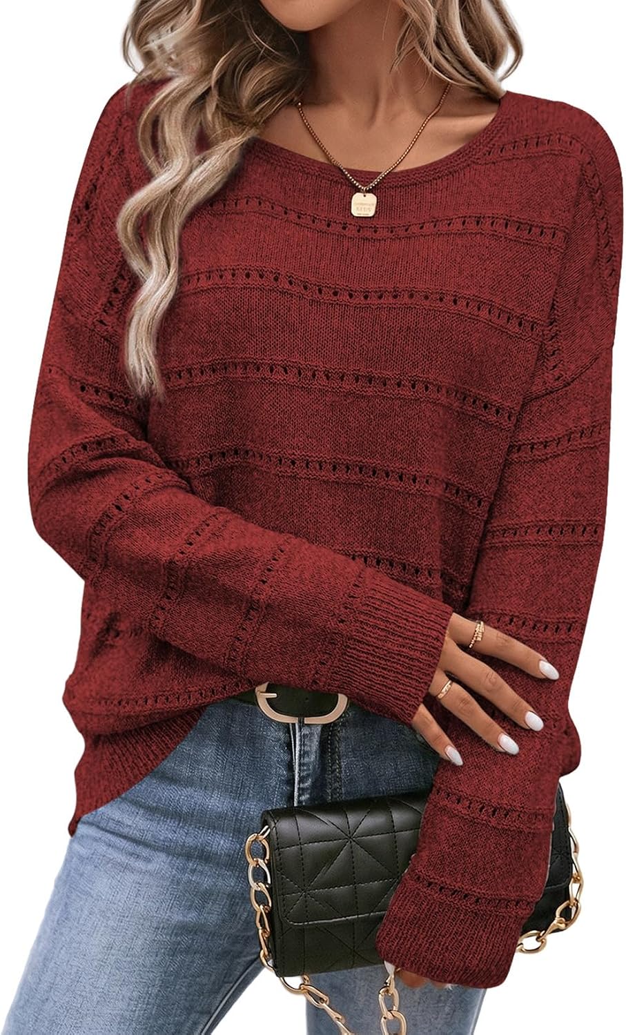 Faye Women's Hollow-Knit Sweater – Round Neckline, Dropped-Shoulder Design & Striped Texture