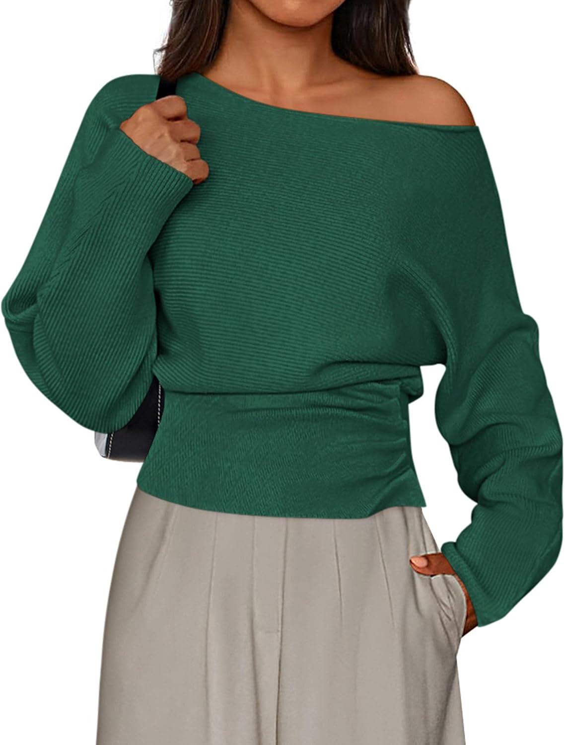 Delaney Women's Off-Shoulder Sweater – Ribbed Knit Fabric, Full-Length Sleeves & Fitted Waist