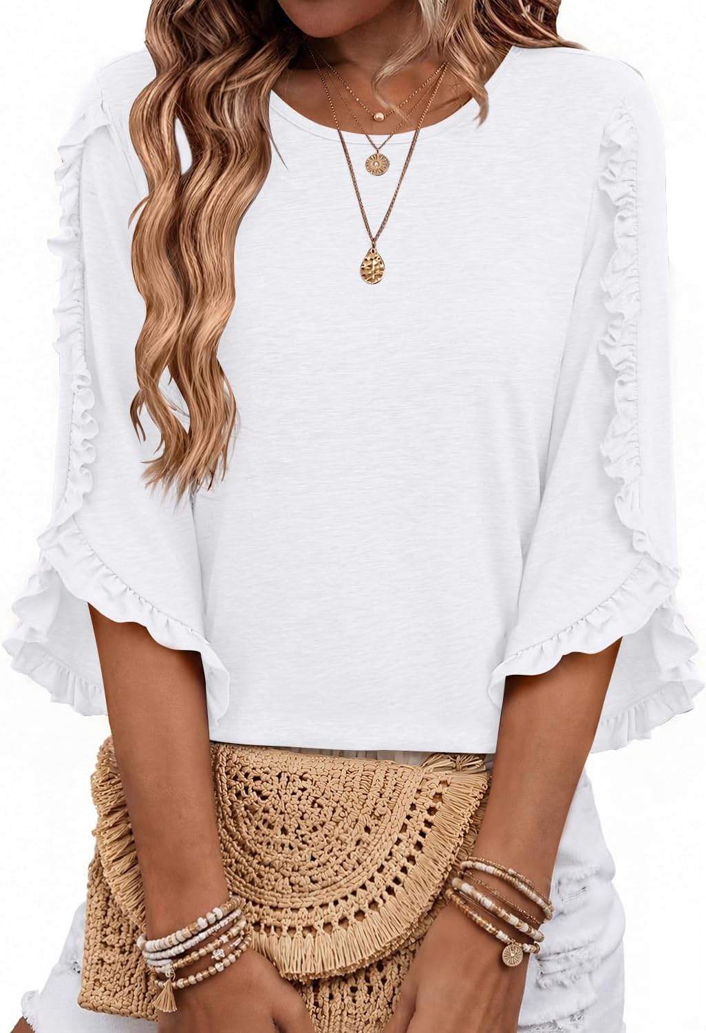 Garrick Women's Ruffle Trim Top – Round Neckline, 3/4 Sleeves & Easy Fit