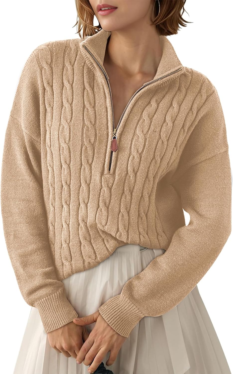 Philippa Women's Ribbed Quarter-Zip Sweater – V-Neckline, Dropped-Shoulder Design & Easy Fit