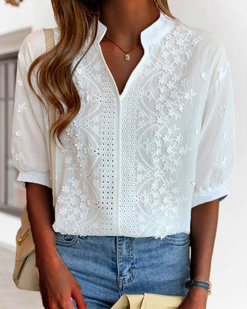 Kellan Women's Blouse – V-Neckline Top with Puff Sleeves, Cotton-Blend Fabric & Patchwork Accents