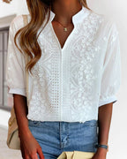Kellan Women's Blouse – V-Neckline Top with Puff Sleeves, Cotton-Blend Fabric & Patchwork Accents