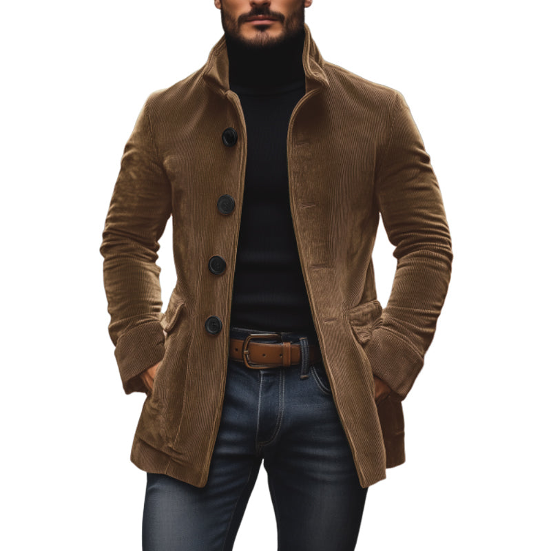Liora Men's Corduroy Coat – Tailored Fit with Mandarin Collar & Refined Side Slip Pockets