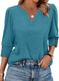 Weston Women's V-Neckline Blouse – 3/4 Puff Sleeves, Button Cuffs & Curved Hem