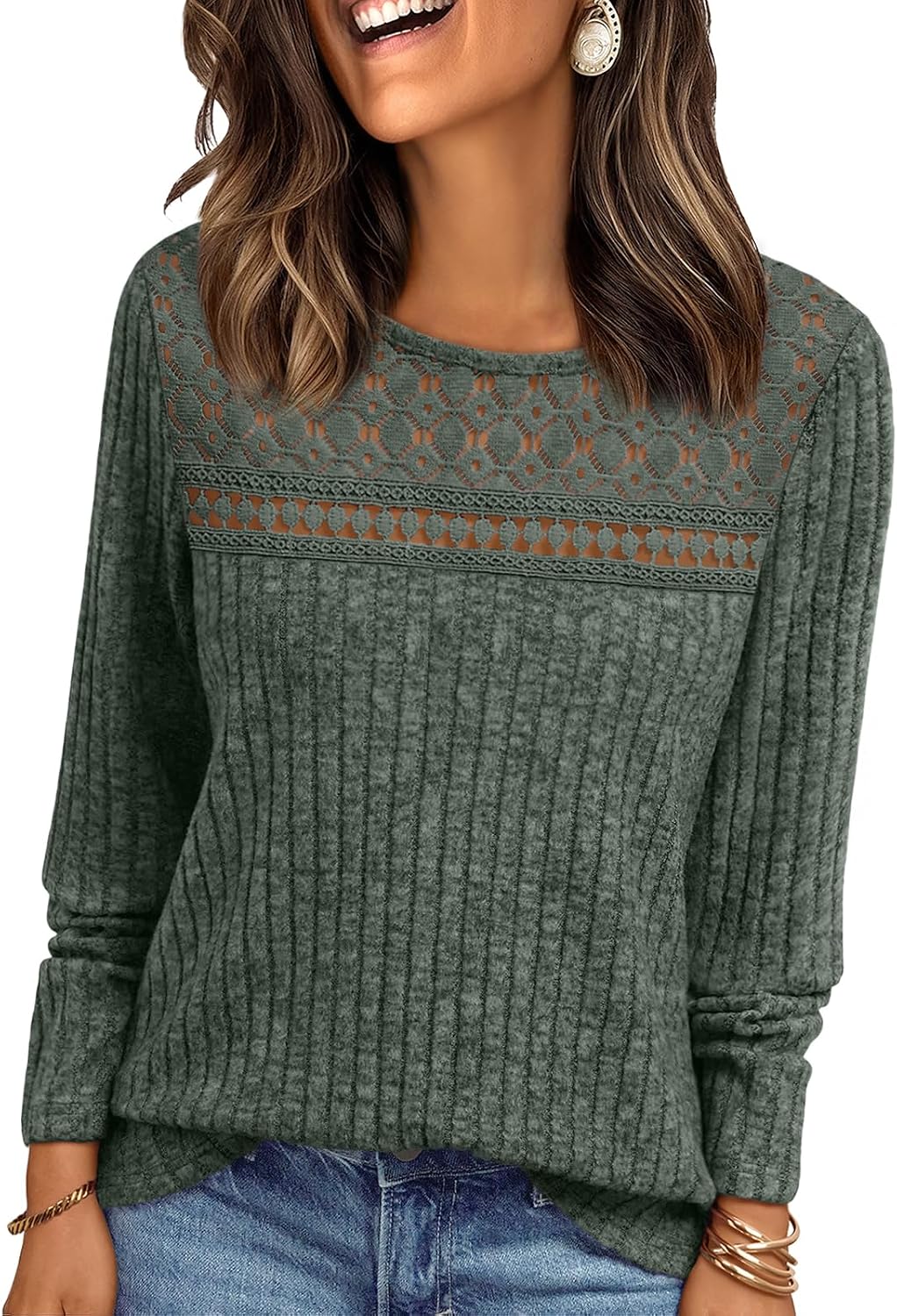 Cormac Women's Lace Ribbed Top – Crewneck, Full-Length Sleeves & Fitted Silhouette