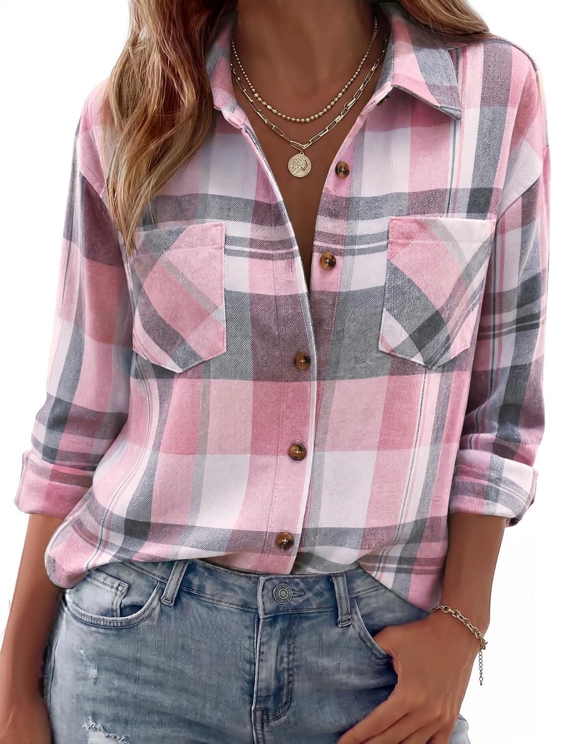 Icarus Women's Plaid Flannel Shirt – Roomy Fit, Front Chest Pockets & Button-Up Front