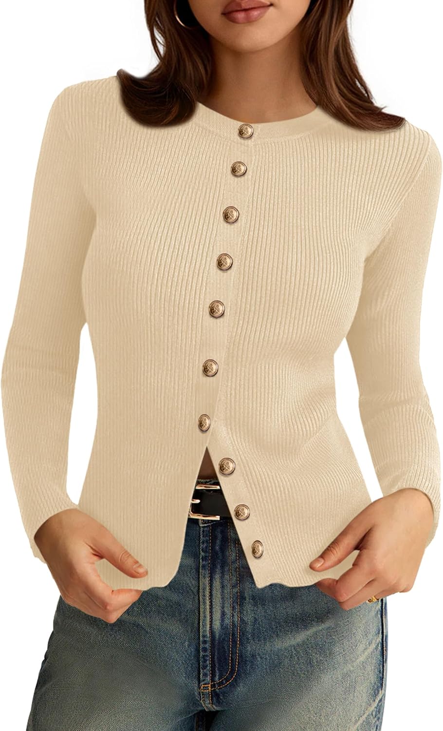 Icarus Women's Ribbed Cardigan – Round Neckline, Button-Up Front & Tailored Fit