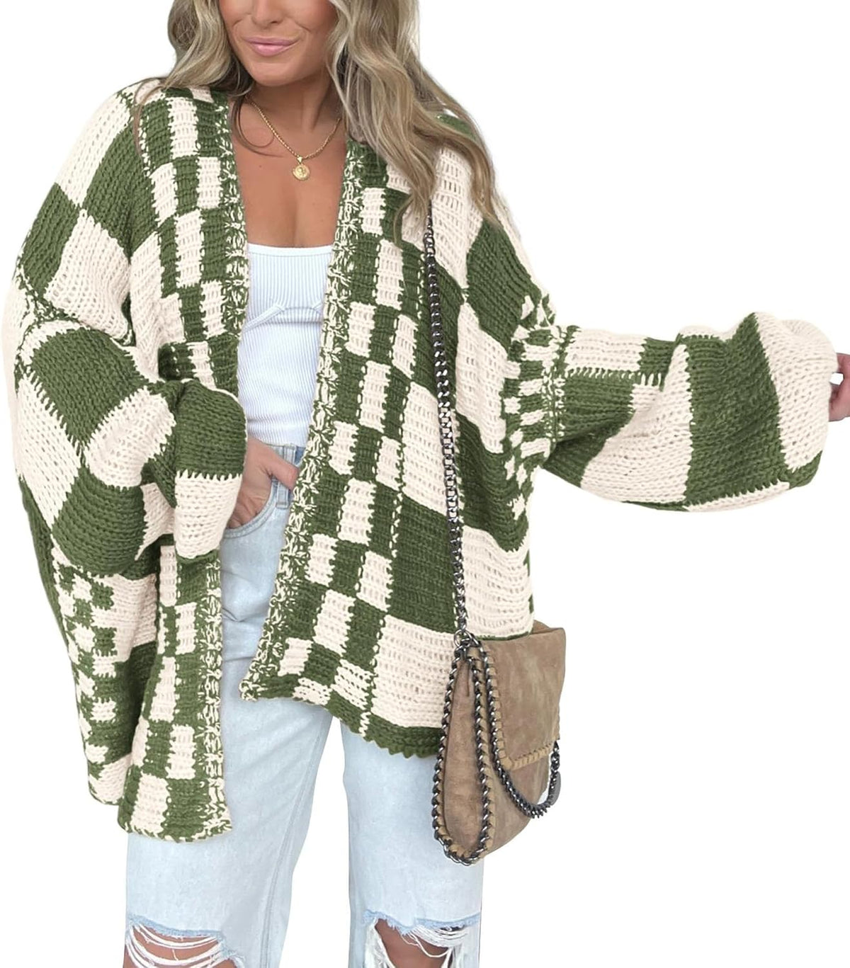 Idony Women's Checkered Knit Cardigan – Open-Front Design, V-Neckline & Comfortable Fit