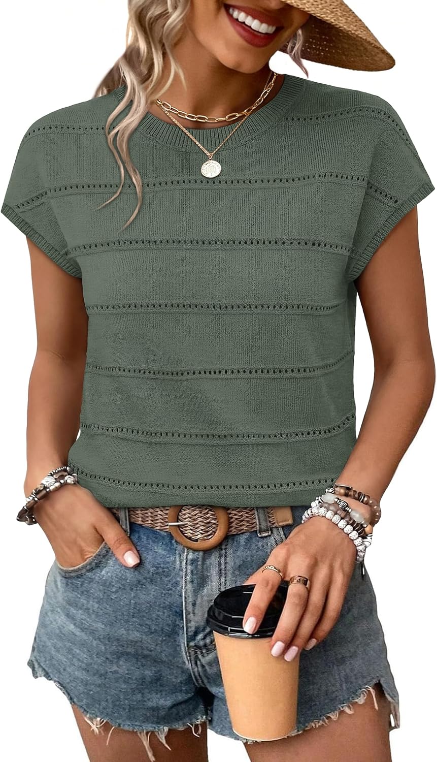 Quenna Women's Eyelet Knit Top – Scoop Neck, Cap Sleeves & Openwork Stripe Detail