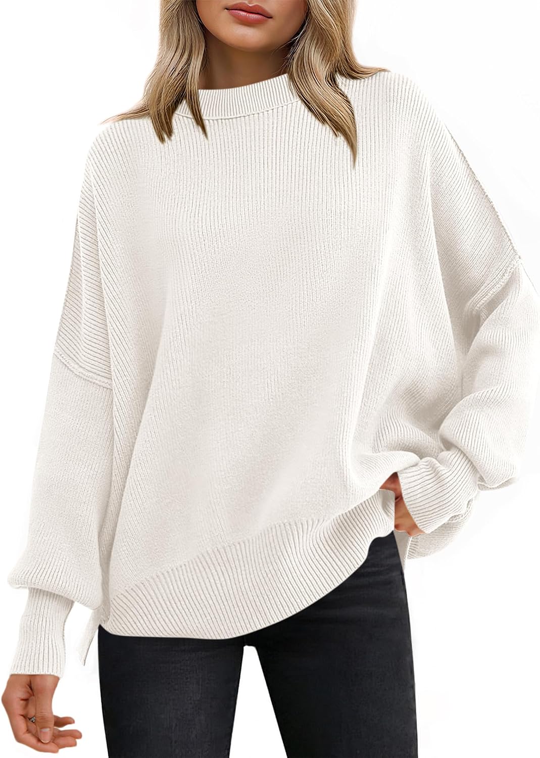 Ravenna Women's Ribbed Batwing Sweater – Round Neckline, Side Slits & Easy Fit