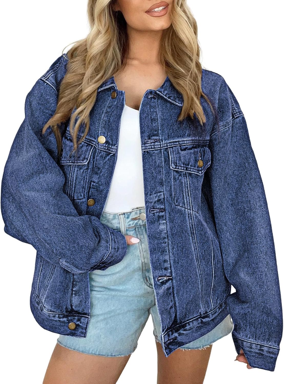 Oakley Women's Distressed Denim Jacket – Loose Silhouette, Front Chest Pockets & Dropped-Shoulder Design