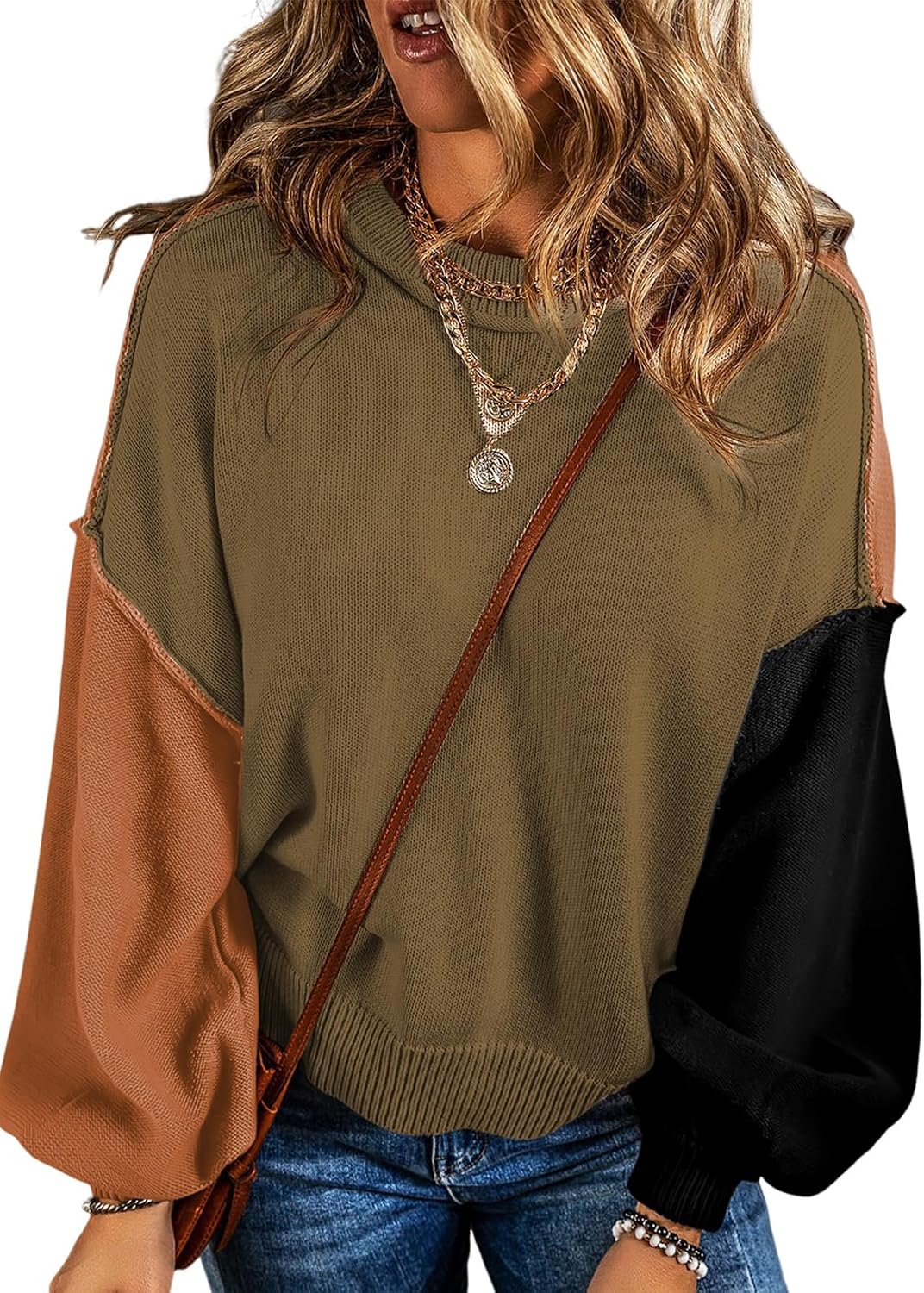 Odessa Women's Colourblock Sweater – Bishop Sleeves, Round Neckline & Cotton Knit