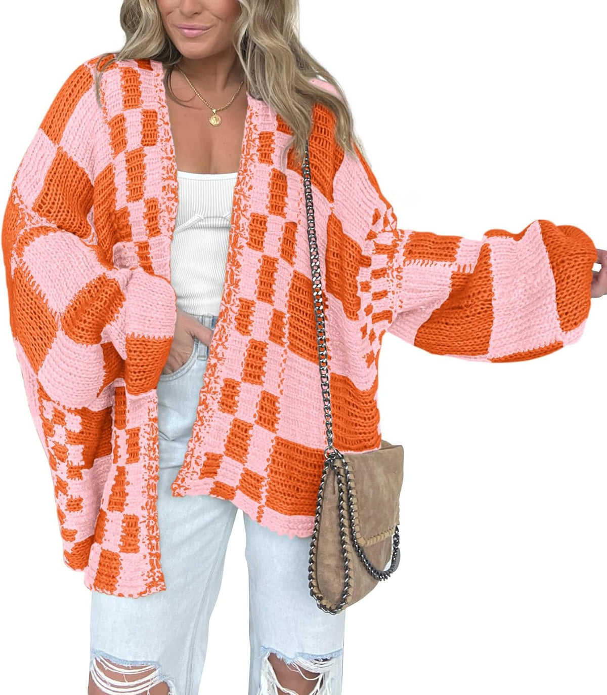 Idony Women's Checkered Knit Cardigan – Open-Front Design, V-Neckline & Comfortable Fit